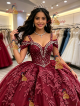 Burgundy Tulle Straps Appliques Quinceanera Dress