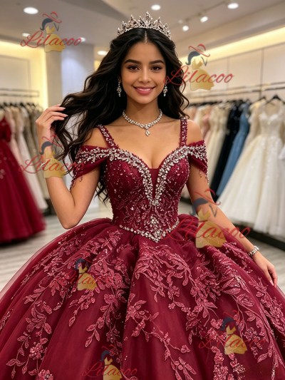 Burgundy Tulle Straps Appliques Quinceanera Dress