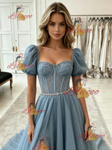 Blue Tulle Puff Sleeve Split Prom Dress
