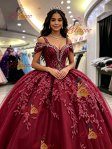 Burgundy Tulle Straps Appliques Quinceanera Dress