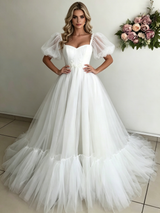 White Tulle Puff Sleeve Appliques Wedding Dress
