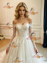 White Tulle Lace Long Sleeve Wedding Dress
