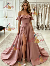Pink Off the Shoulder Split Prom Dress