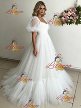 White Tulle Puff Sleeve Appliques Wedding Dress