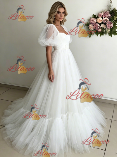White Tulle Puff Sleeve Appliques Wedding Dress