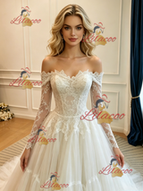 White Tulle Lace Long Sleeve Wedding Dress