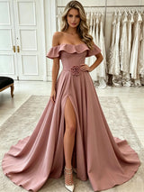 Pink Off the Shoulder Split Prom Dress