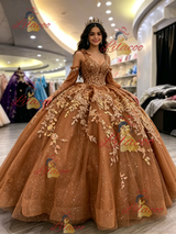 Brown Tulle Long Sleeve Appliques Quinceanera Dress
