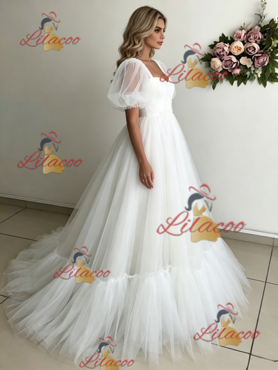 White Tulle Puff Sleeve Appliques Wedding Dress