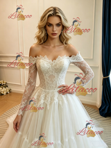 White Tulle Lace Long Sleeve Wedding Dress