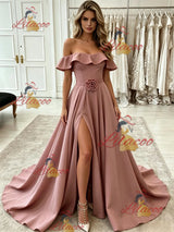 Pink Off the Shoulder Split Prom Dress