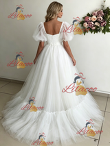 White Tulle Puff Sleeve Appliques Wedding Dress
