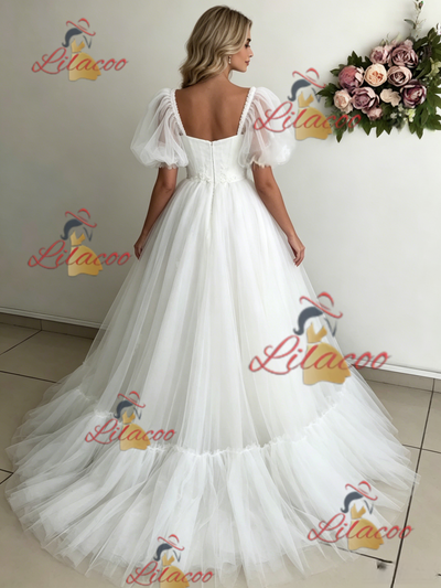 White Tulle Puff Sleeve Appliques Wedding Dress