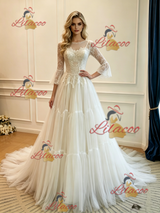White Tulle Lace Long Sleeve Wedding Dress