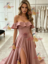 Pink Off the Shoulder Split Prom Dress