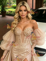 Gold Tulle Sequins Long Sleeve Prom Dress