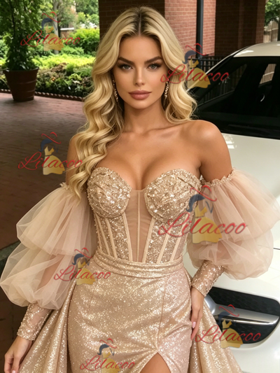 Gold Tulle Sequins Long Sleeve Prom Dress