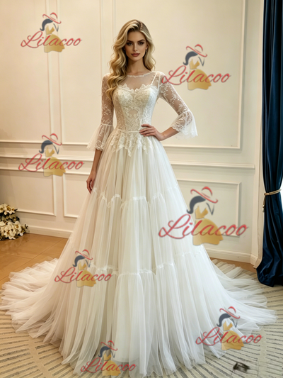 White Tulle Lace Long Sleeve Wedding Dress