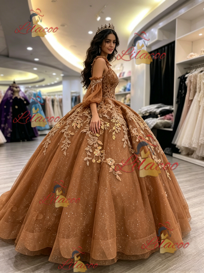 Brown Tulle Long Sleeve Appliques Quinceanera Dress