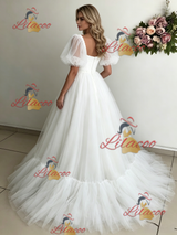 White Tulle Puff Sleeve Appliques Wedding Dress