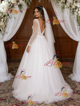 White Tulle V-neck Long Sleeve Wedding Dress