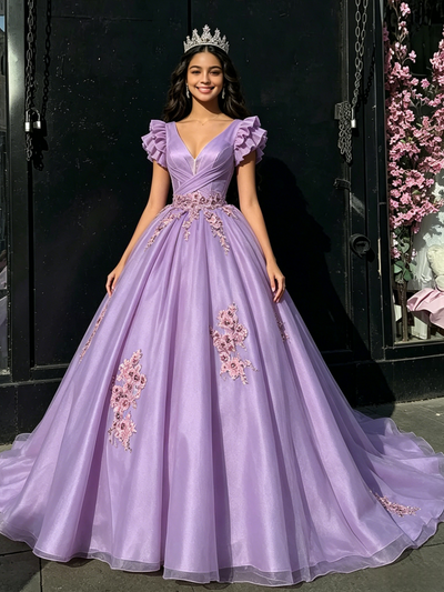 Purple Tulle V-neck Appliques Quinceanera Dress