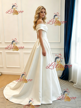 Ivory Satin Off the Shoulder Pleats Wedding Dress