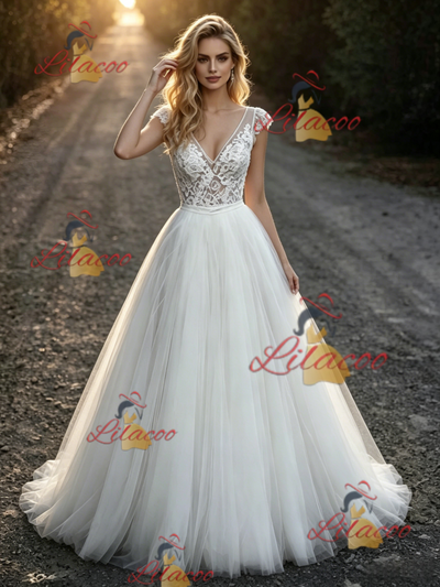 White Tulle Lace V-neck Wedding Dress