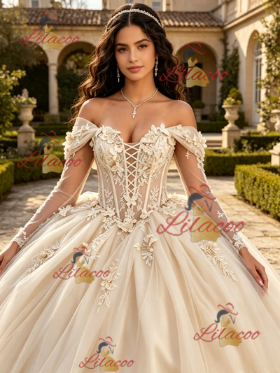Champagne Tulle Long Sleeve Appliques Quinceanera Dress