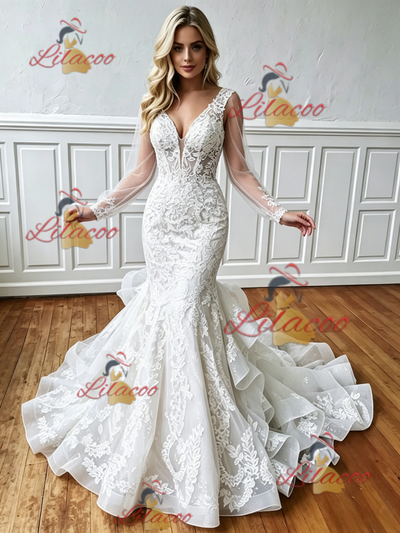 White Mermaid V-neck Long Sleeve Wedding Dress