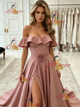 Pink Off the Shoulder Split Prom Dress