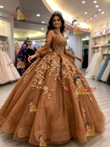 Brown Tulle Long Sleeve Appliques Quinceanera Dress