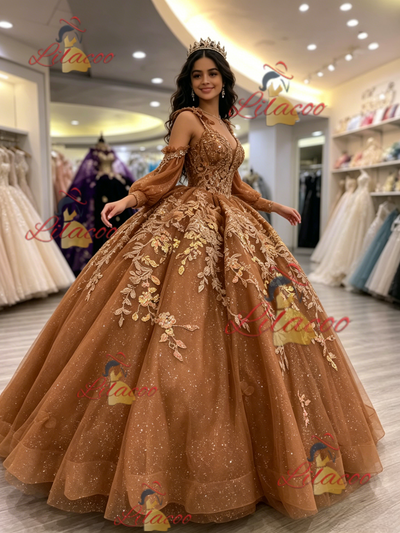 Brown Tulle Long Sleeve Appliques Quinceanera Dress