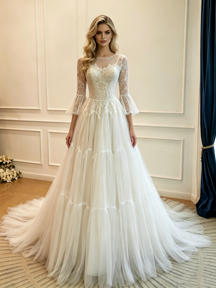 White Tulle Lace Long Sleeve Wedding Dress