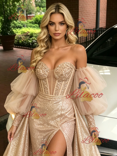 Gold Tulle Sequins Long Sleeve Prom Dress
