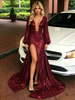 Burgundy Sequins Long Sleeve Split Prom Dress