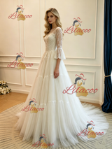White Tulle Lace Long Sleeve Wedding Dress