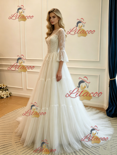 White Tulle Lace Long Sleeve Wedding Dress