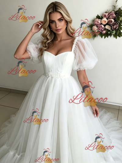 White Tulle Puff Sleeve Appliques Wedding Dress