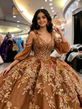 Brown Tulle Long Sleeve Appliques Quinceanera Dress