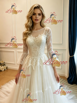 White Tulle Lace Long Sleeve Wedding Dress