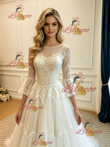 White Tulle Lace Long Sleeve Wedding Dress