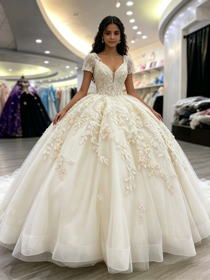 Ivory V-neck Short Sleeve Appliques Quinceanera Dress
