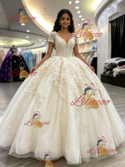 Ivory V-neck Short Sleeve Appliques Quinceanera Dress