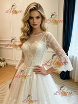 White Tulle Lace Long Sleeve Wedding Dress