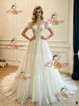 White Tulle Lace Puff Sleeve Wedding Dress