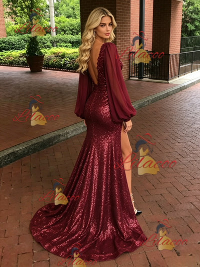 Burgundy Sequins Long Sleeve Split Prom Dress