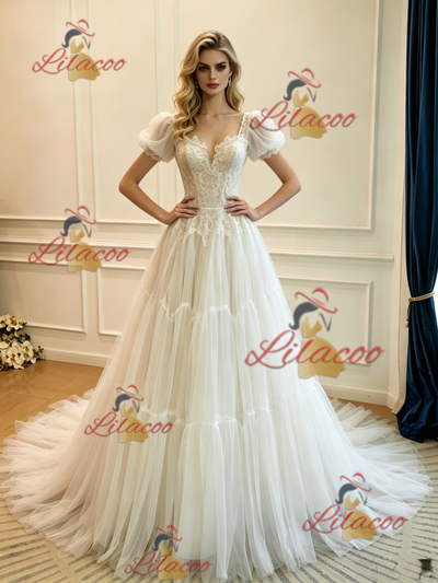 White Tulle Lace Puff Sleeve Wedding Dress