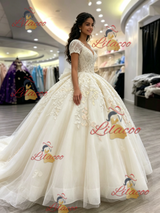 Ivory V-neck Short Sleeve Appliques Quinceanera Dress