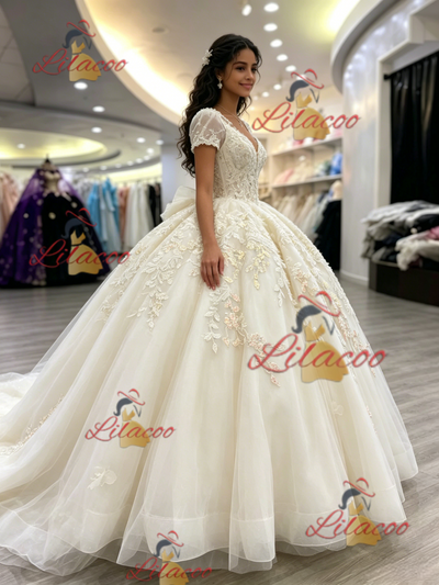 Ivory V-neck Short Sleeve Appliques Quinceanera Dress